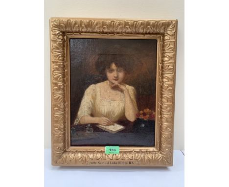 ATTRIB: SAMUEL LUKE FILDER R.A; BRITISH 1843-1927 A portrait of a young lady writing a letter. Oil on canvas 12' x 9½'