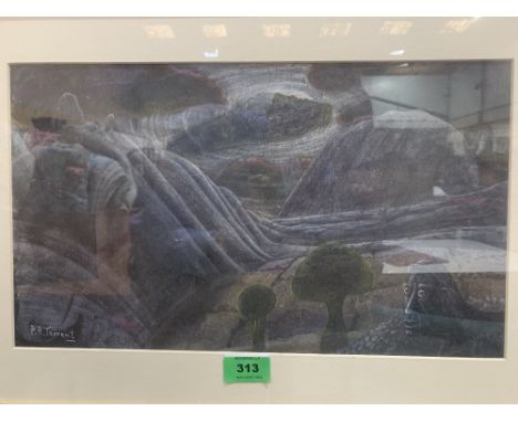 PETER R. TARRANT. BRITISH Bn. 1943 A dream-like landscape with staring figure. Signed. Mixed media on paper 9¼' x 15¾'