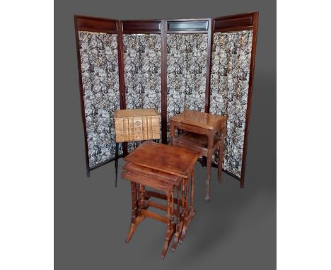 A Chinese hardwood four fold screen together with a hardwood table, a nest of tables and a workbox