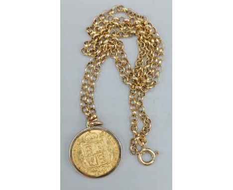 A Victorian shield back half sovereign dated 1887, in a 9ct mount with 9ct gold neck chain, 11.3gms total