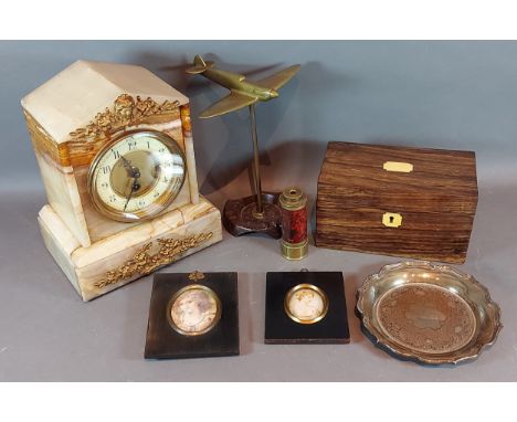 A Victorian marble mantle clock together with a brass model of  spitfire, a tea caddy, a pair of portrait miniatures, a plate