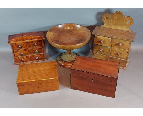 A 19th century miniature chest of drawers together with another similar, a mahogany tea caddy, a pedestal fruit bowl and an o