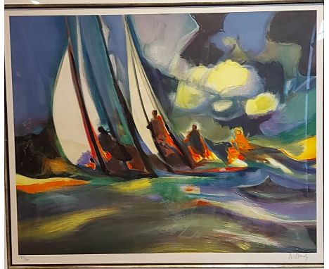 Marcel Mouly, Les Merveilleux Yacht Men, limited edition number 132 of 300, coloured Lithograph, signed in pencil, 61cms x 75