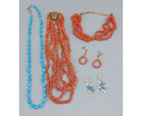 A coral bracelet with 9ct gold clasp together with a pair of coral earrings, a coral necklace and a turquoise necklace with s