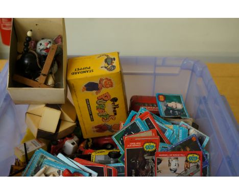 Large box of Matchbox cars. Start Wars trading cards from the 1970's and a Pelham Puppet