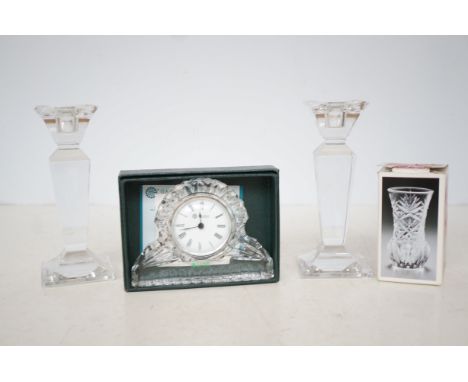 Galway Irish crystal mantle clock together with 2 crystal candle sticks 