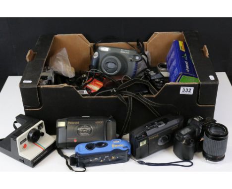 Selection of cameras to include 35mm SLR examples, featuring Nikon, Em, Richo, KR10, Pentax, ME Super together with instant f