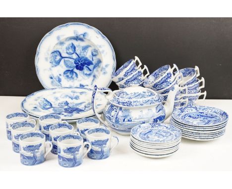 Spode vintage blue Italian pattern tea and coffee service set with teapot, eleven tea cups with eight saucers, eight coffee c
