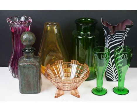 Vintage mid century hand tooled leather decanter bottle with stopper, peach tinted pressed glass footed fruit bowl, pair of g