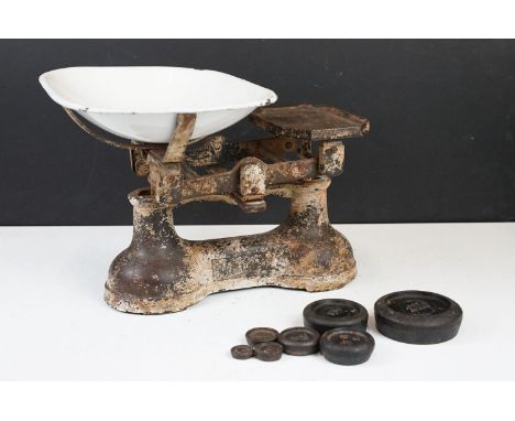 Antique cast iron set of kitchen scales and weights. 