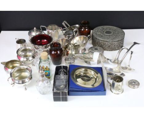Sterling silver assortment including tea set items, jugs, bowls, ornate jewellery boxes, ladle spoons along with small select