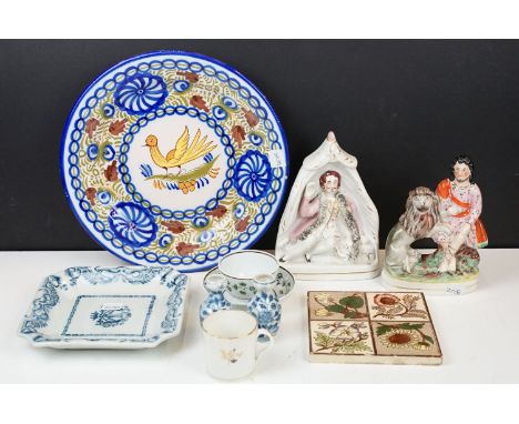 Victorian Staffordshire Androcles and lion figure on oval base with gilt line detail and Richard III flat back figure, 6" ant
