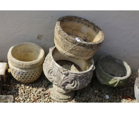 Four stone planters to include Cotswold stud lattice planter, Cotswold range barrel planter and two traditional urn bowl basi