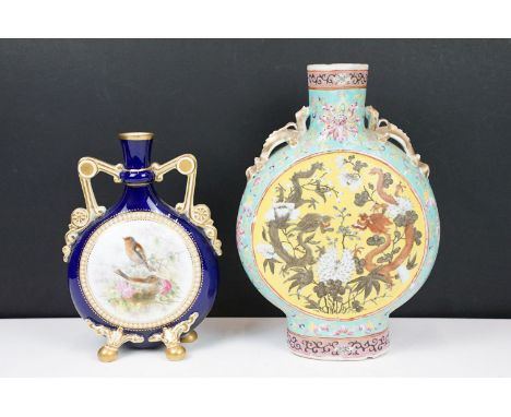 Antique pastel coloured Chinese porcelain moon flask with mythical dragon design 26.5cm high and porcelain blue decorative fl