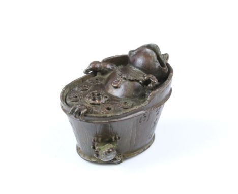 A Chinese bronze Fengshui golden toad spitter coin tub. Approx 7cm in hight. 