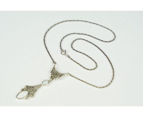 Silver, marcasite and opal pendant necklace 
