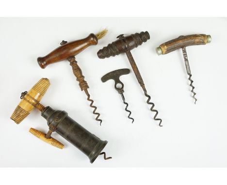 Five corkscrews to include: Thomason type Dowler patent mechanical corkscrew with turned bone handle and sidewinder handle wi