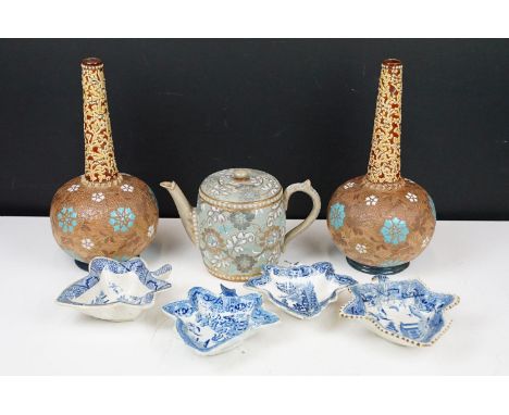 Early 20th century Doulton &amp; Slaters ceramic teapot and 2 bottle vases in raised relief hand painted finish 27cm (tallest