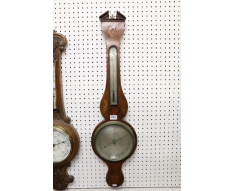 Cattelli &amp; Co, Hereford Edwardian mahogany marquetry inlaid barometer with thermometer, the dial marked Cattelli &amp; Co