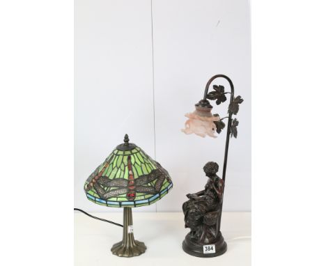 Two Art Nouveau style table lamps to include a cast resin lamp base in the form of a reading female figure with a pink glass 