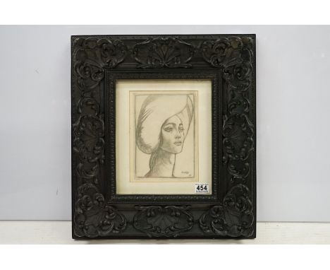 Leon Nikolajewitsch Bakst (1866 - 1924), circa 1918 portrait print, 'Portrait of Madamet', 23 x 17cm, ornately framed and gla