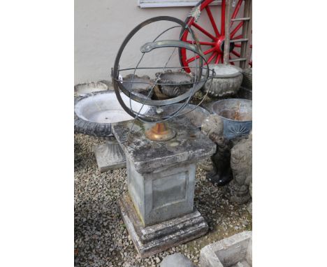 Large ornate spherical sun dial with arrow detail and square stone base, 140cm high x 50cm wide 