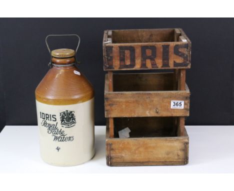 Wooden 'Idris' advertising crate with large 'Idris Royal table waters' stoneware ceramic flagon jar with metal handle and tap