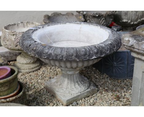 Large reconstituted stone classic urn planter on square base 55cm high x 80cm wide 