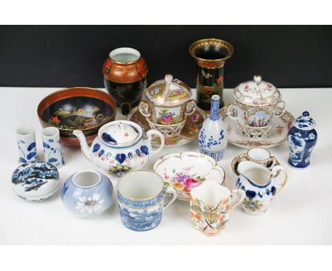 Carlton ware Mikado design bowl, small footed vase and cylinder vase with Dresden miniature cup and saucer, two continental p