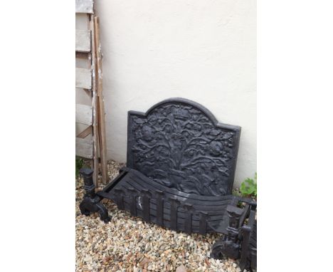 Large heavy cast iron fire back, 69cm wide x 86cm wide, grate, 112cm wide, 37 cm deep and andirons 