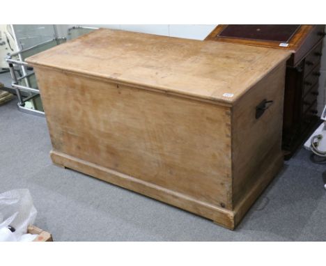 Early 20th century stripped trunk with twin iron handles, 66.5cm high x 122.5cm wide x 60cm deep 