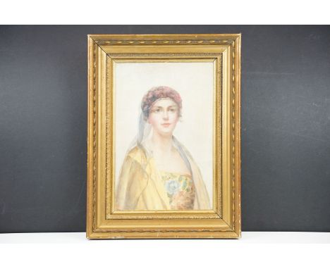 Gilt framed oil painting, portrait of an elegant lady in embroidered dress and cap, 30 x 19.5cm, gilt framed and glazed 