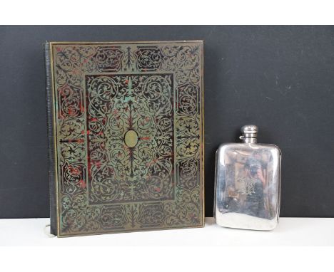 Boulle work influenced tortoiseshell covered blotter case with green silk lining with silver plate opening whisky hip flask s