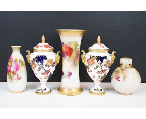 Royal Worcester vase decorated with fruits and flowers by K Blake, G923, 20cm high, with two Royal Worcester Spilsbury pieces