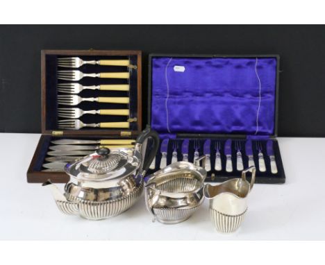 Vintage Art deco EPNS silver plated tea service set comprising of teapot, jug and sugar bowl, together with boxed mother of p