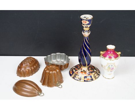 Royal crown Derby blue ceramic candlestick, small floral decoration vase and 4 small jelly moulds 