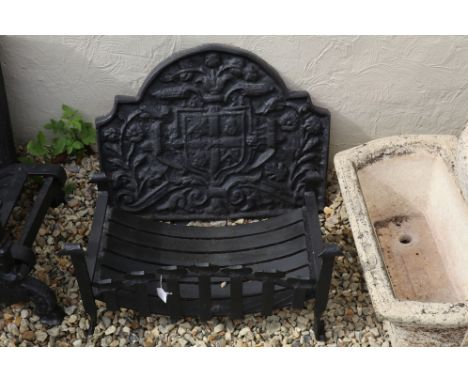 Small cast iron fire back 55cm high x 69cm and grate 63cm wide, 36cm deep, 37cm high 