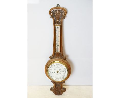 Admiral Fitzroy's Indications carved oak barometer with thermometer, 92cm high