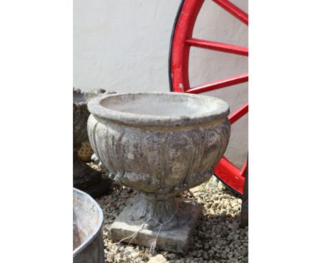 Large reconstituted stone bowl basin planter with square plinth base, 52cm high x 52cm wide 