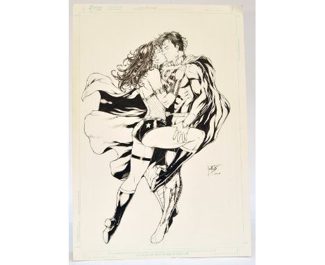 Comic Art Interest comprising original signed ink cover concept artwork. Ed Benes Studio Board, Superman and Wonder Woman by 