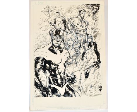 Comic Art Interest comprising original signed ink cover concept sketch, Ed Benes Studio Board, X-Men, multiple artists. 2014.