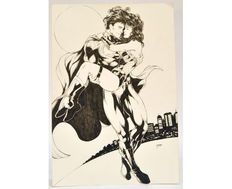 Comic Art Interest comprising original signed ink artwork. Superman and Wonder Woman by Deilson 2015. 43 x 28 cm. 