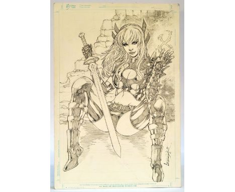 Comic Art Interest comprising original signed graphite sketch, Ed Benes Studio Board, X-Men (Magik), Leandro 2014. 43 x 28 cm