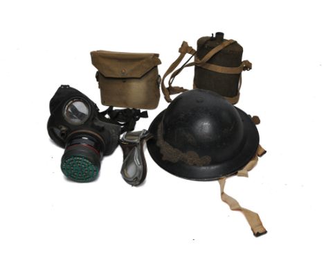 WWII Memorabilia to include flask, googles, gas mask etc. Generally fair to good. 