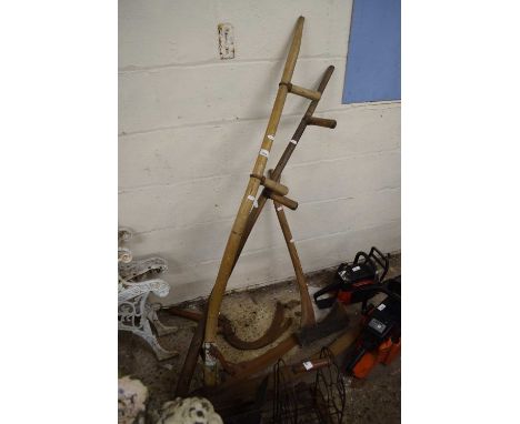 Mixed lot to include scythes, large felling axe etc