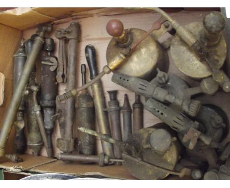 Box of vintage blow lamps and others