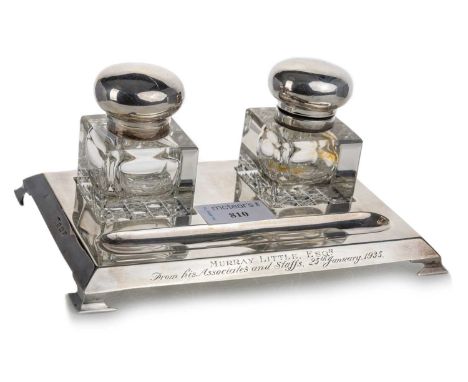 GEORGE V SILVER INKWELL, BIRMINGHAM 1927  of oblong form with engraved inscription and two detachable glass inkwellsQty: the 