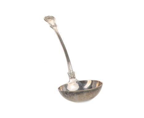 VICTORIAN STYLE SILVER SOUP LADLE, HALLMARKS INDISTINCT embossed with shells and scrolls, engraved with initials34.5cm longQt