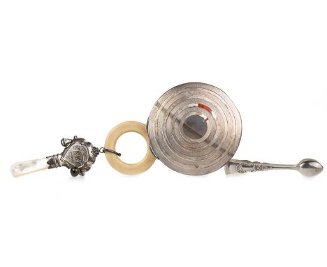 ART DECO SILVER COMPACT, ALONG WITH A RATTLE AND SUGAR TONGS the compact of circular form, with engine turned and partial ena
