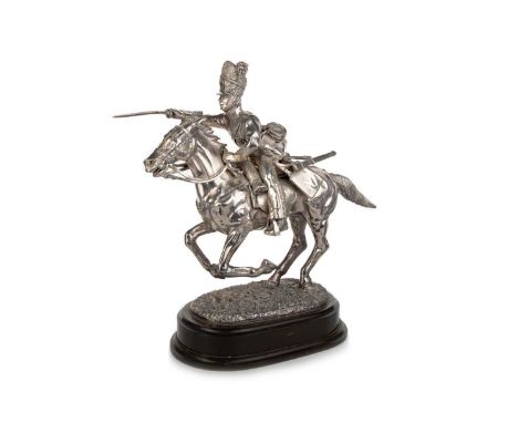 SILVER PLATED ROYAL SCOTS GREYS CHARGE AT WATERLOO FIGURE, modelled as a trooper with sabre drawn lunging forward with the ho